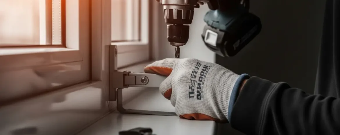 Worker wearing gloves using a drill to tighten a window hinge on a sunny interior sill (informative)