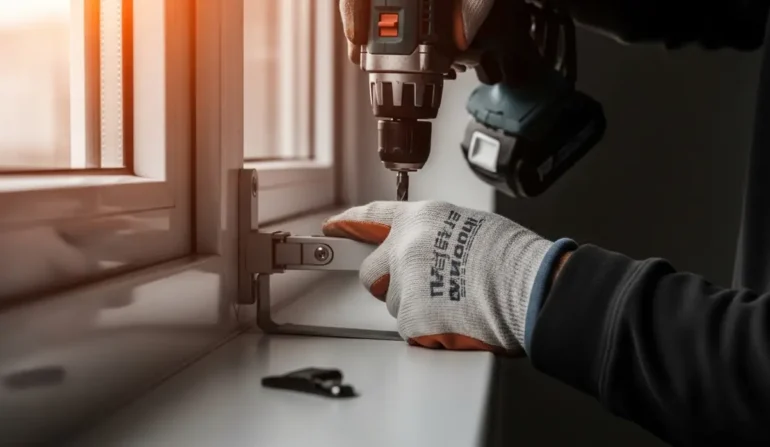 Worker wearing gloves using a drill to tighten a window hinge on a sunny interior sill (informative)