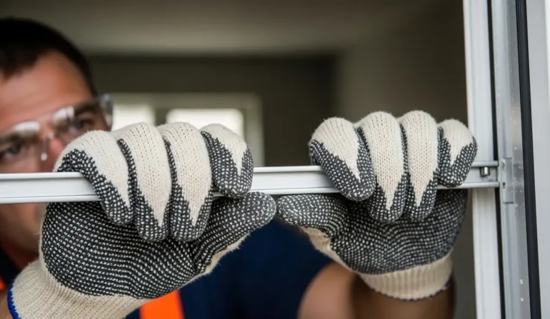 Construction worker in safety gloves installing a window frame, gripping the sash with both hands.