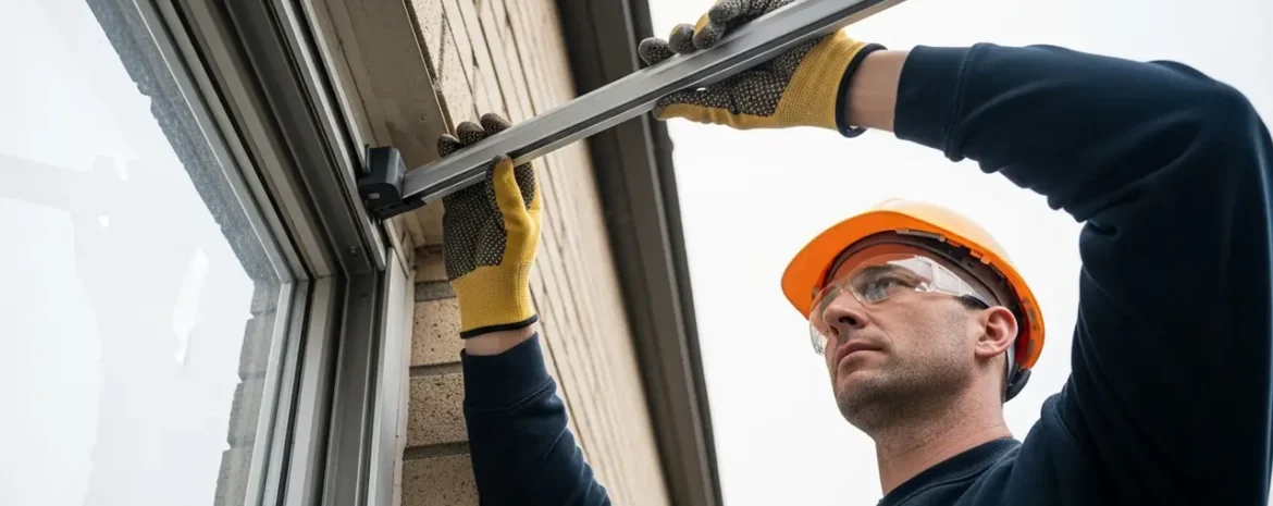 Construction worker wearing an orange hard hat and gloves installs a metal support bar into a window frame from outside.