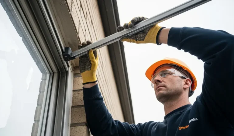 Construction worker wearing an orange hard hat and gloves installs a metal support bar into a window frame from outside.