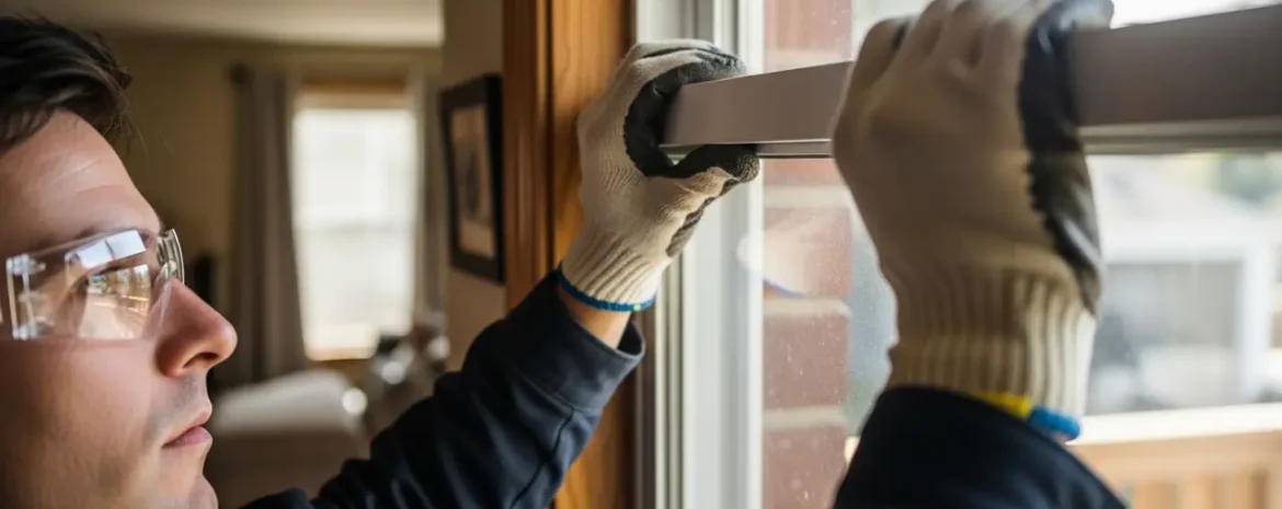 Man wearing safety glasses and gloves installs a window from inside a home, concentrating on the task.
