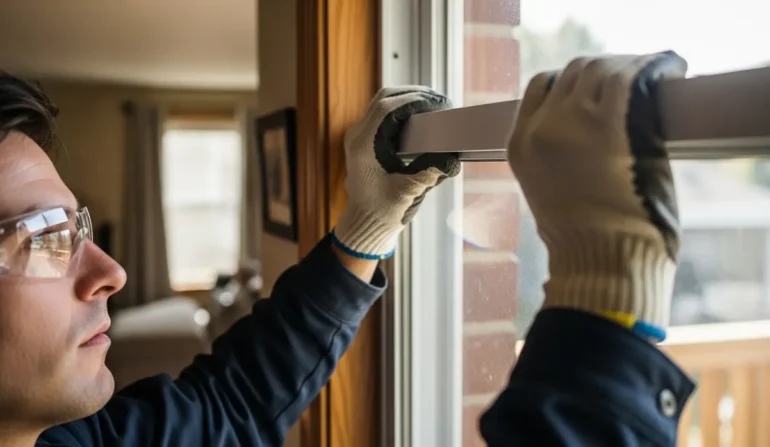 Man wearing safety glasses and gloves installs a window from inside a home, concentrating on the task.