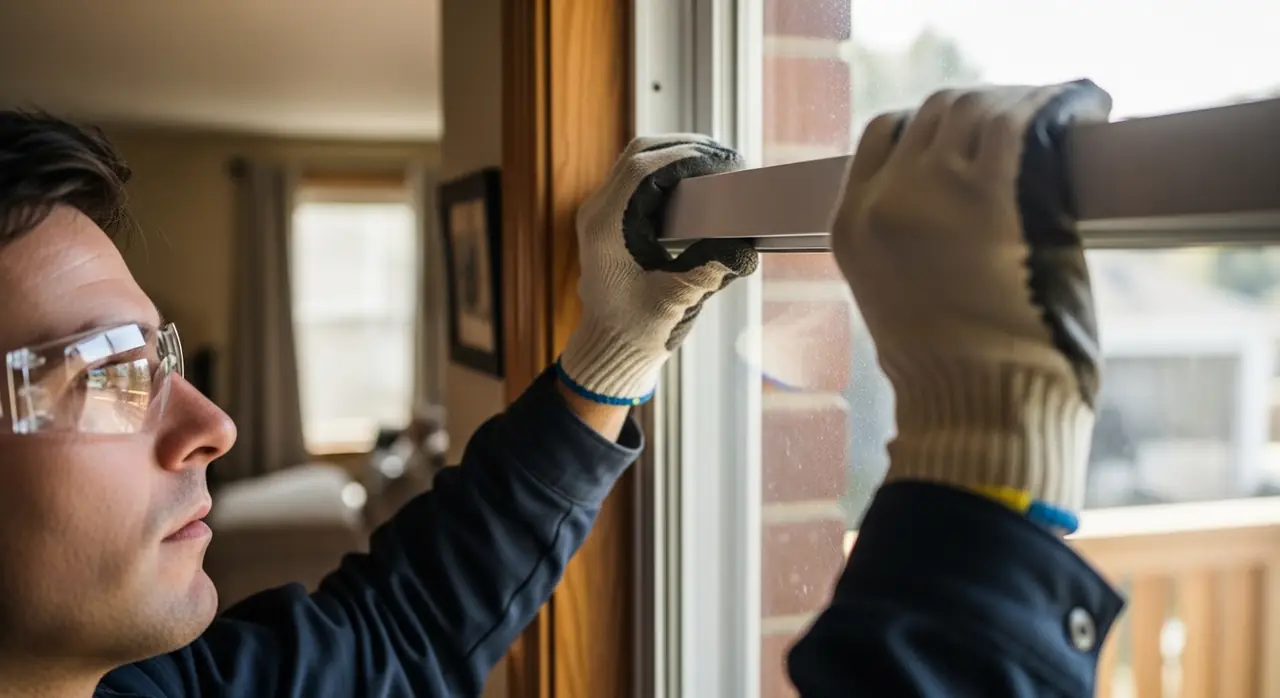 Man wearing safety glasses and gloves installs a window from inside a home, concentrating on the task.