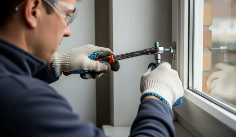 Worker wearing safety gloves and goggles uses an adjustable wrench to tighten a window latch inside a home.