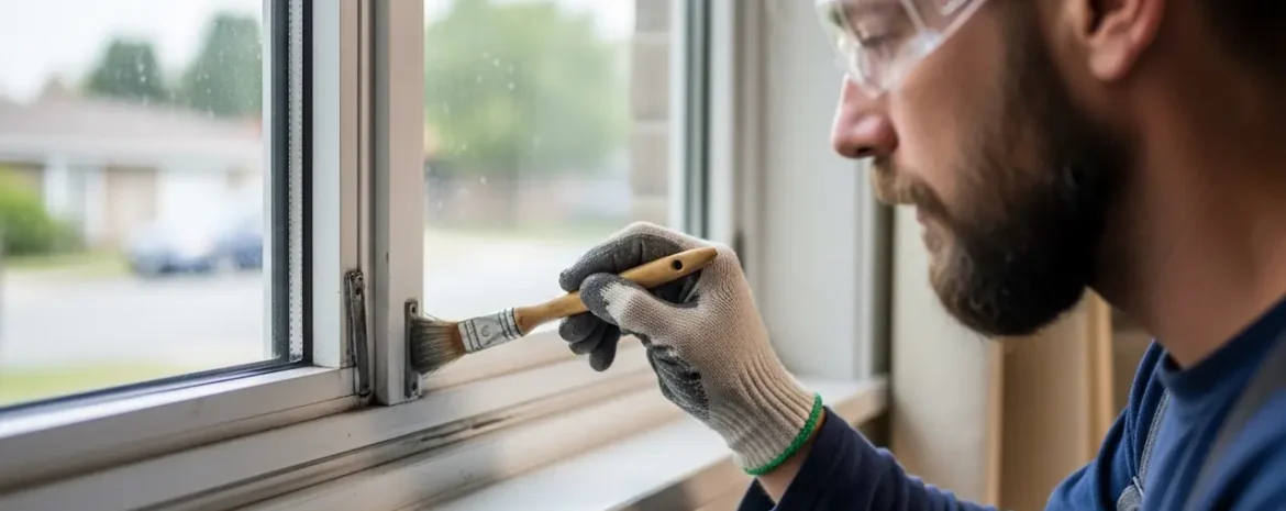 Bearded man wearing safety goggles and gloves painting a window frame with a brush inside a home.
