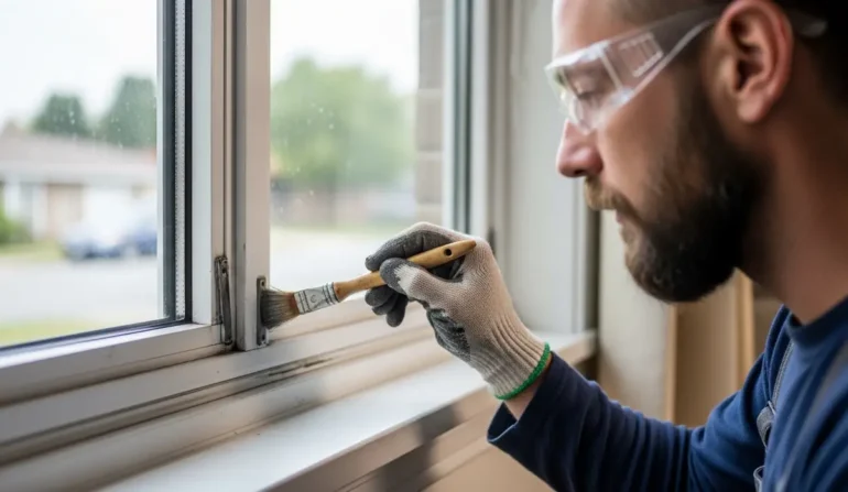 Bearded man wearing safety goggles and gloves painting a window frame with a brush inside a home.