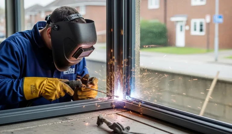 Welder in a protective helmet and gloves welding a metal window frame with sparks flying outside the workshop.