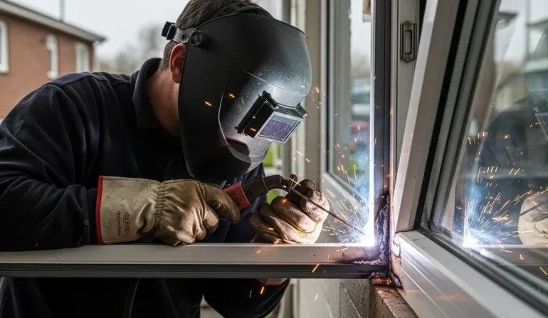 Welder in protective helmet and gloves welds a metal window frame, sparks flying. Close-up of a worker welding a metal frame by a window, sparks and bright arc. Person wearing a welding helmet and gloves welds a metal beam at a window. Shielded welder using a torch to join metal by a window, sparks shooting. Industrial welder at a job site, welding a frame beside a window.