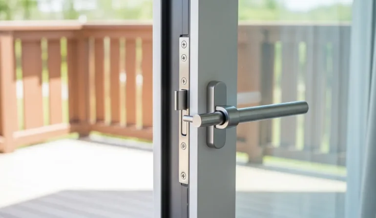 Glass door with a silver lever handle and built-in lock, opened onto a wooden deck outside.