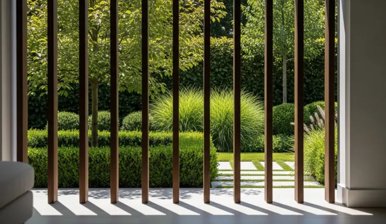 View of a lush garden through evenly spaced vertical wooden slats with trimmed hedges and ornamental grasses.
