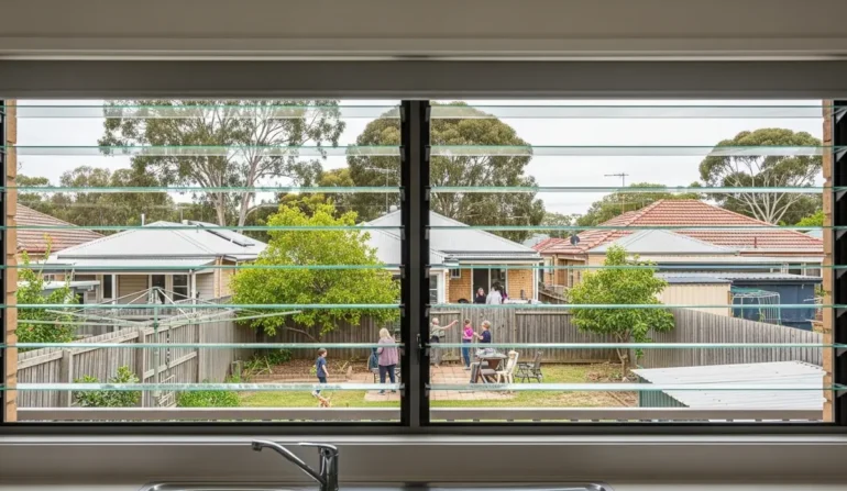 View of a suburban backyard through horizontal window blinds; kids and adults gather near a table and chairs.