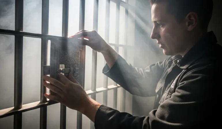 Man in a dark jacket opens a heavy barred door with a decorative lock, prison-like setting, light beams streaming through bars.