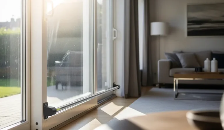 Sliding glass patio doors in a bright living room, with a black locking latch mounted on the door track.
