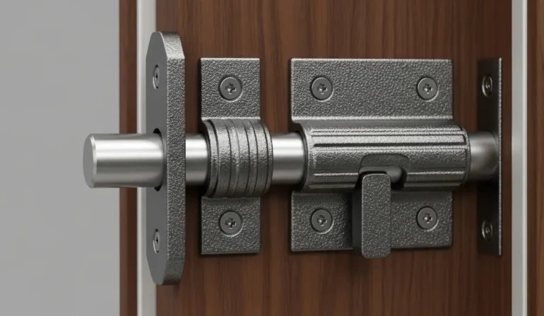 Close-up of a metal door latch and strike plate installed on a wooden door, showing the bolt and mounting screws (security hardware).