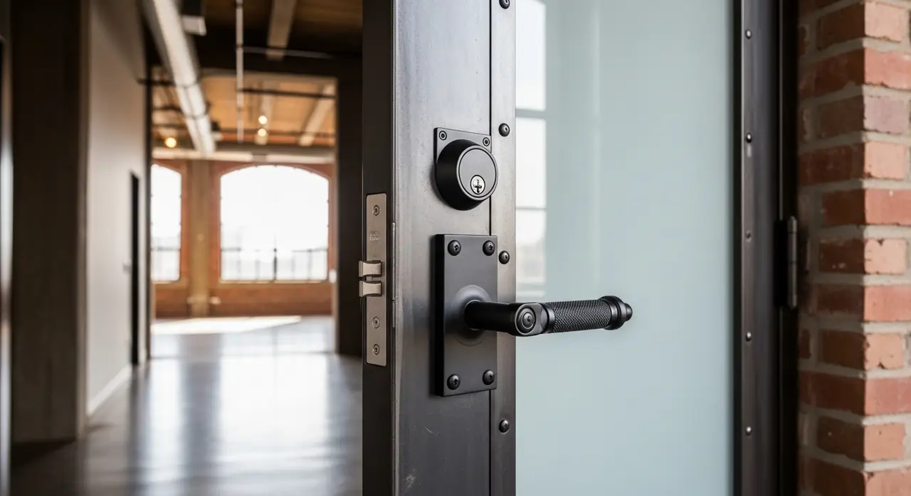 loft entry door industrial corridor — residential setting