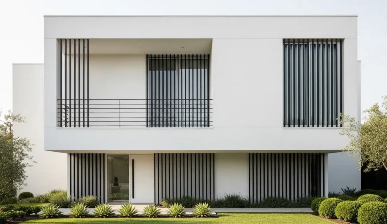 Modern two-story white house with tall vertical black slats on the façade and a manicured lawn in front.