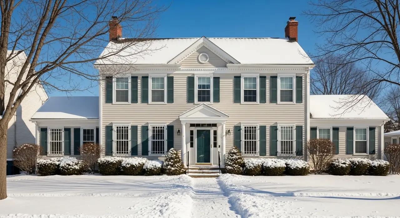 michigan colonial snowy yards — residential setting