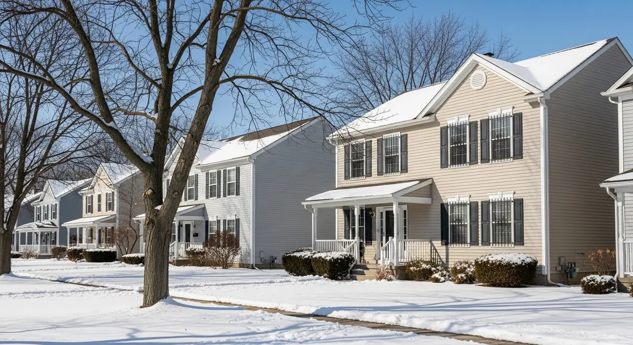 michigan colonial snowy yards — residential setting