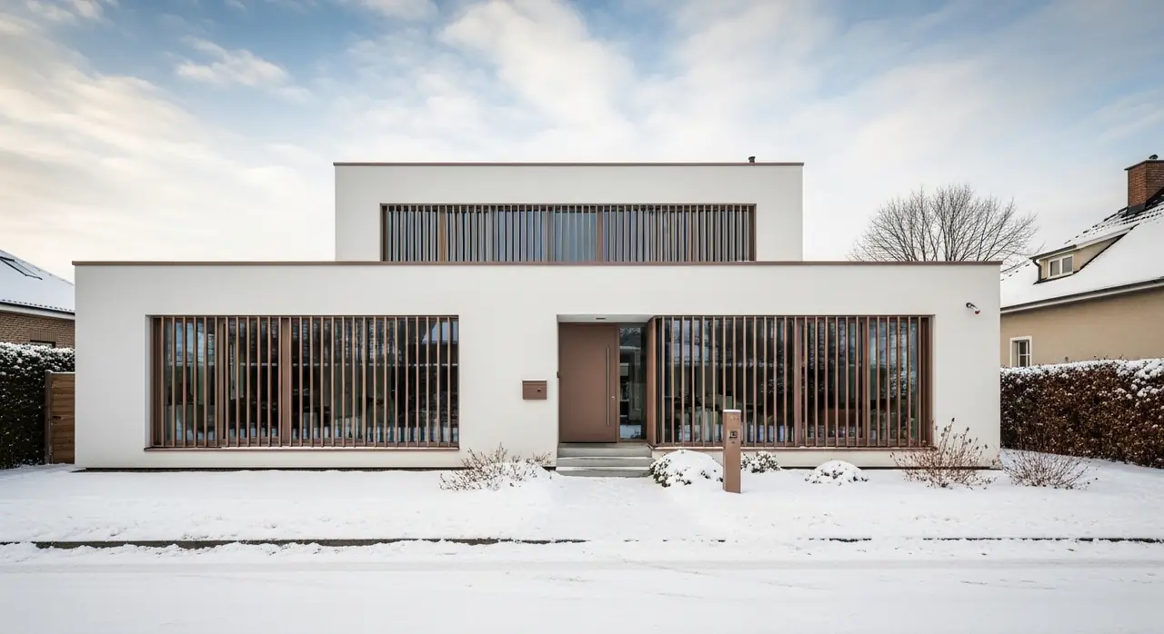 modern house snowy street jpeg — residential setting