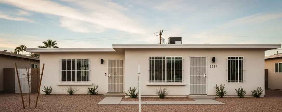 A single-story beige duplex with two front doors and barred windows, desert landscaping, and a gravel yard; each unit has a small concrete path leading to a door.