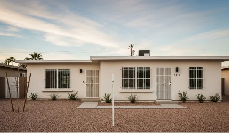 A single-story beige duplex with two front doors and barred windows, desert landscaping, and a gravel yard; each unit has a small concrete path leading to a door.