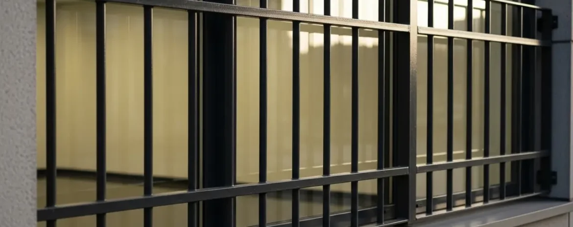 Black metal railing with vertical bars installed along a window on a beige building exterior