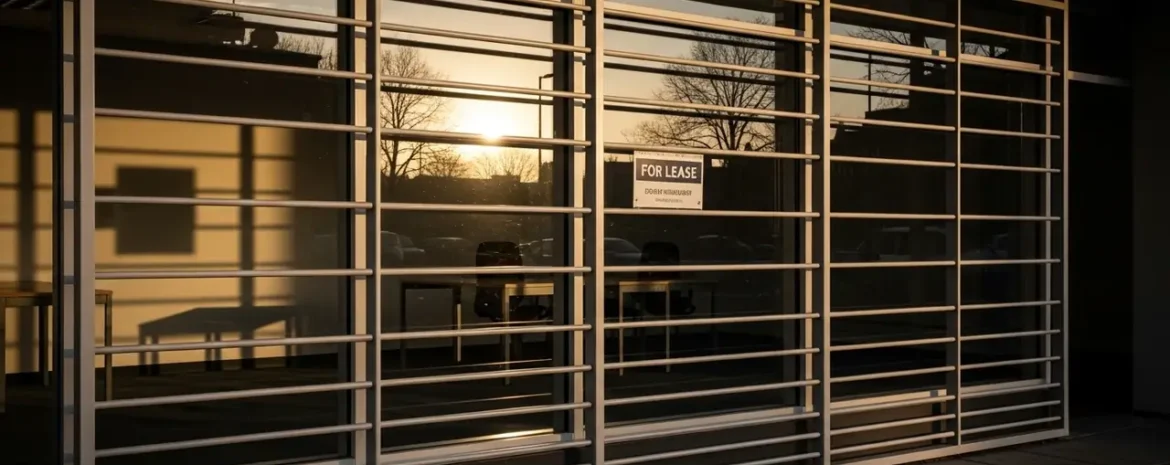 Storefront with horizontal metal security bars across the windows; a small 'FOR LEASE' sign is visible in the center pane, with a sunset reflection in the glass.