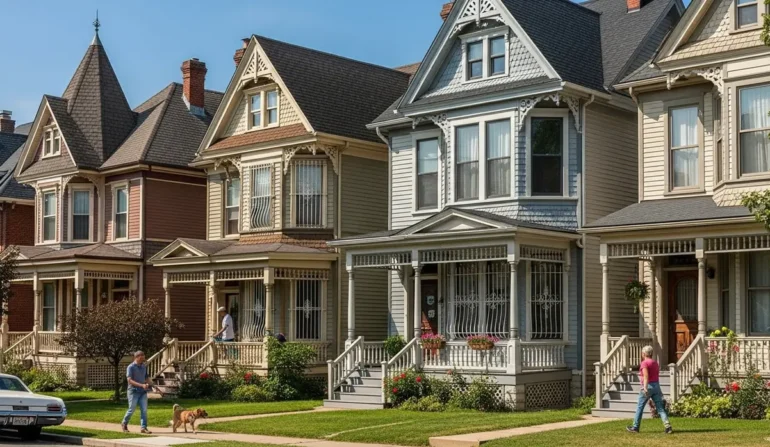 Row of ornate Victorian houses with wraparound porches on a sunny street; a man walks a dog while a pedestrian approaches a porch.