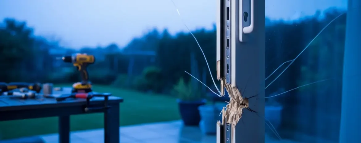 Sliding glass door with a large crack and hole near the handle; a drill and tools sit on a table outside.