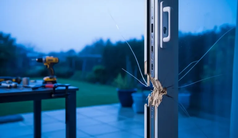 Sliding glass door with a large crack and hole near the handle; a drill and tools sit on a table outside.