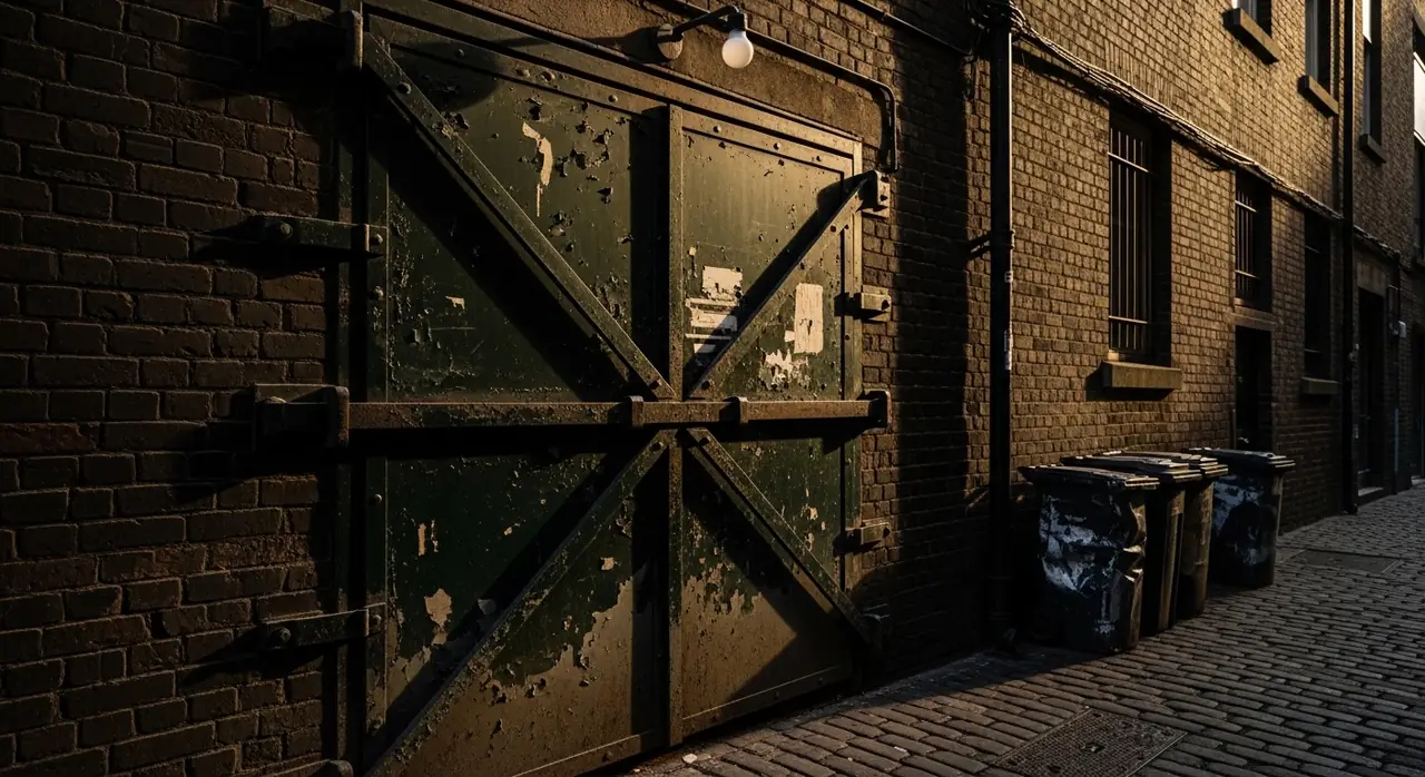 pharmacy back alley door evening — residential setting