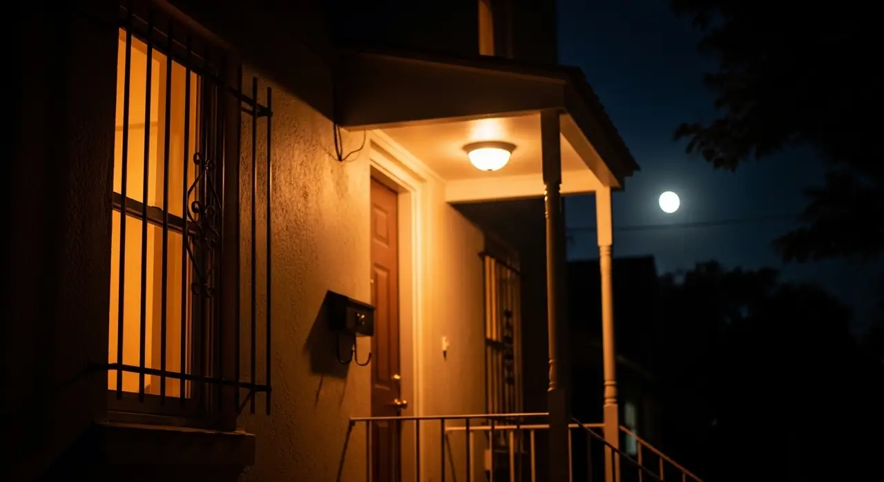 porch light glowing over door — residential setting