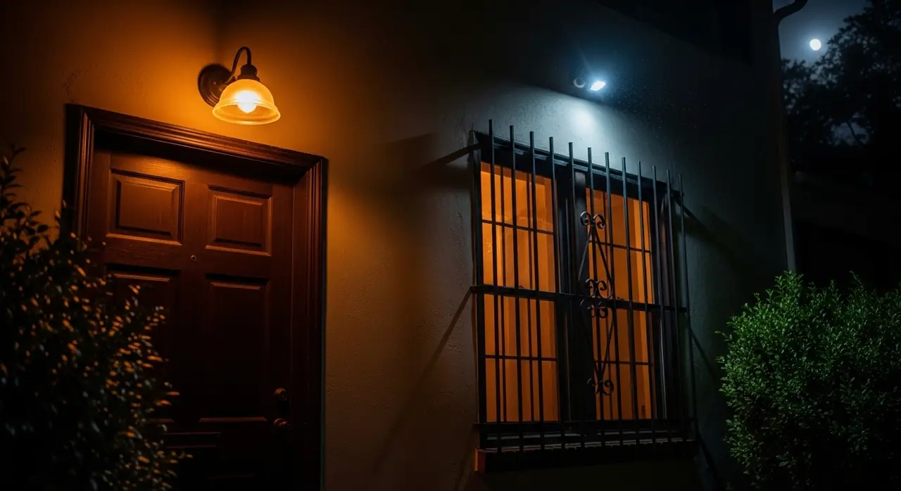 porch light glowing over door — residential setting