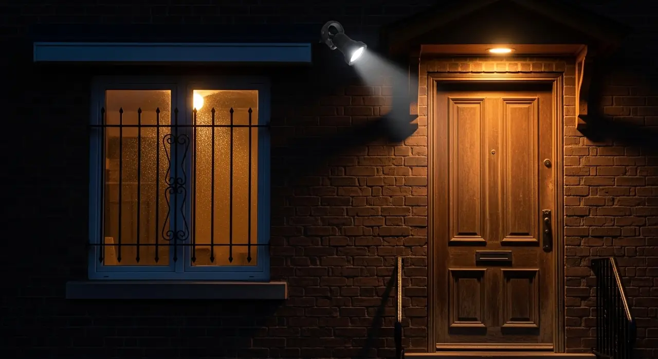 porch light glowing over door — residential setting