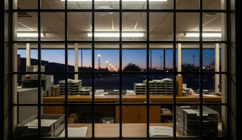 Office workspace seen through a grid window; desks with stacks of paperwork and filing trays, sunset outside.