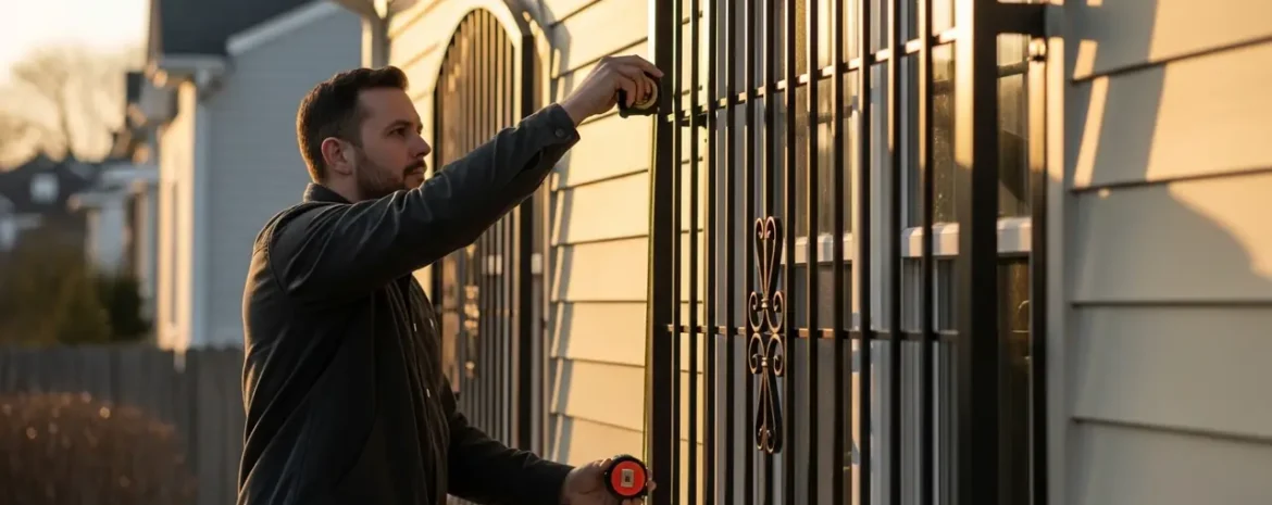 Man installing metal security bars on a beige house, using a tape measure to check alignment at sunset.