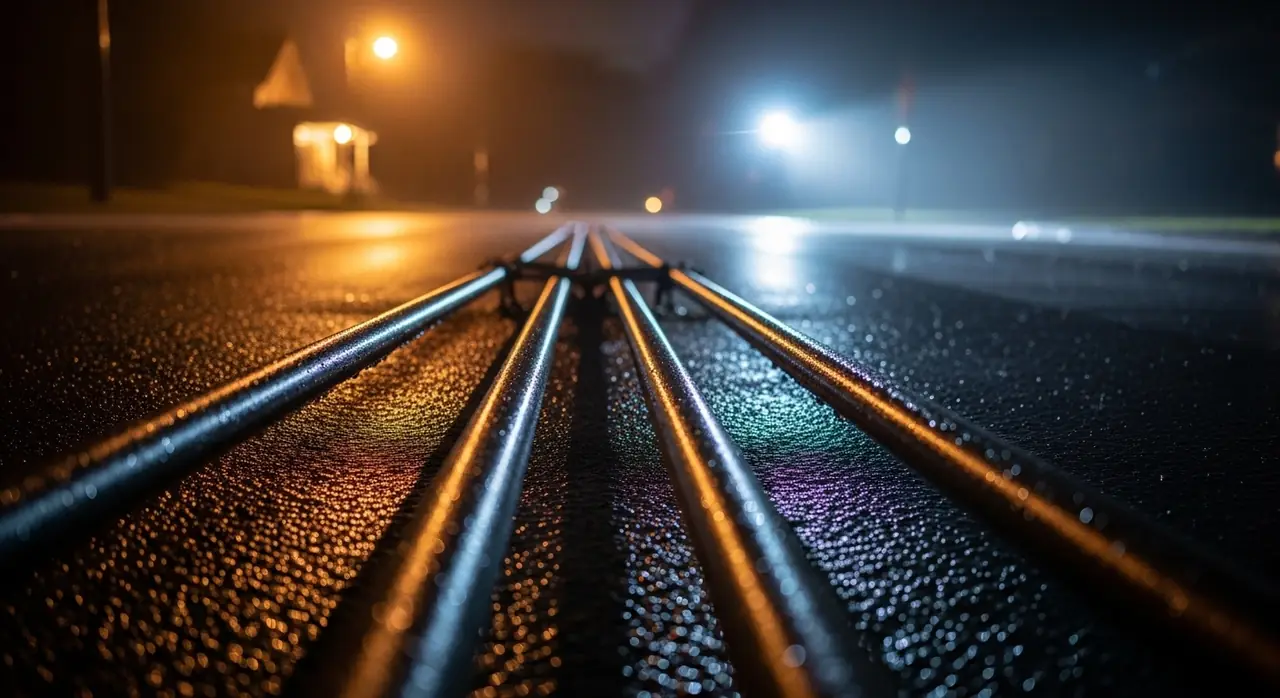 rainy night street streetlight rtrunc — residential setting