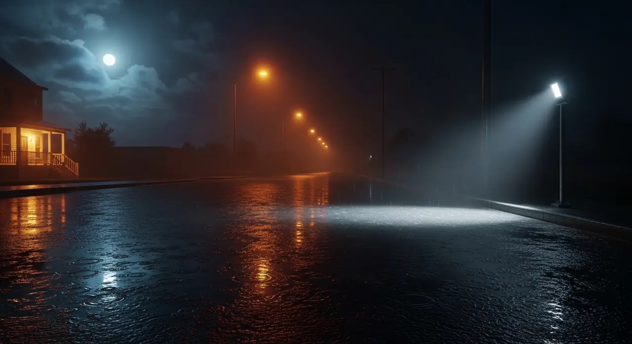 rainy night street streetlight rtrunc — residential setting