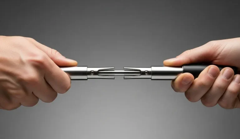 Two hands hold and connect a split metal shaft with interlocking forked ends.