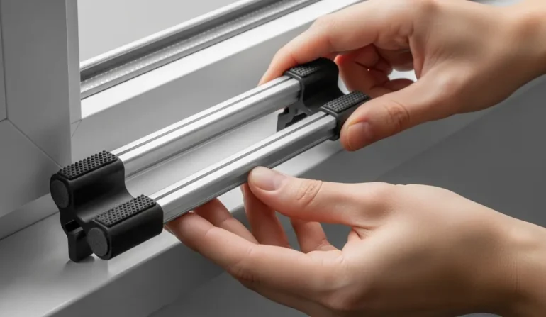Hands adjust a dual-rail sliding track on a window frame with black clamp ends.