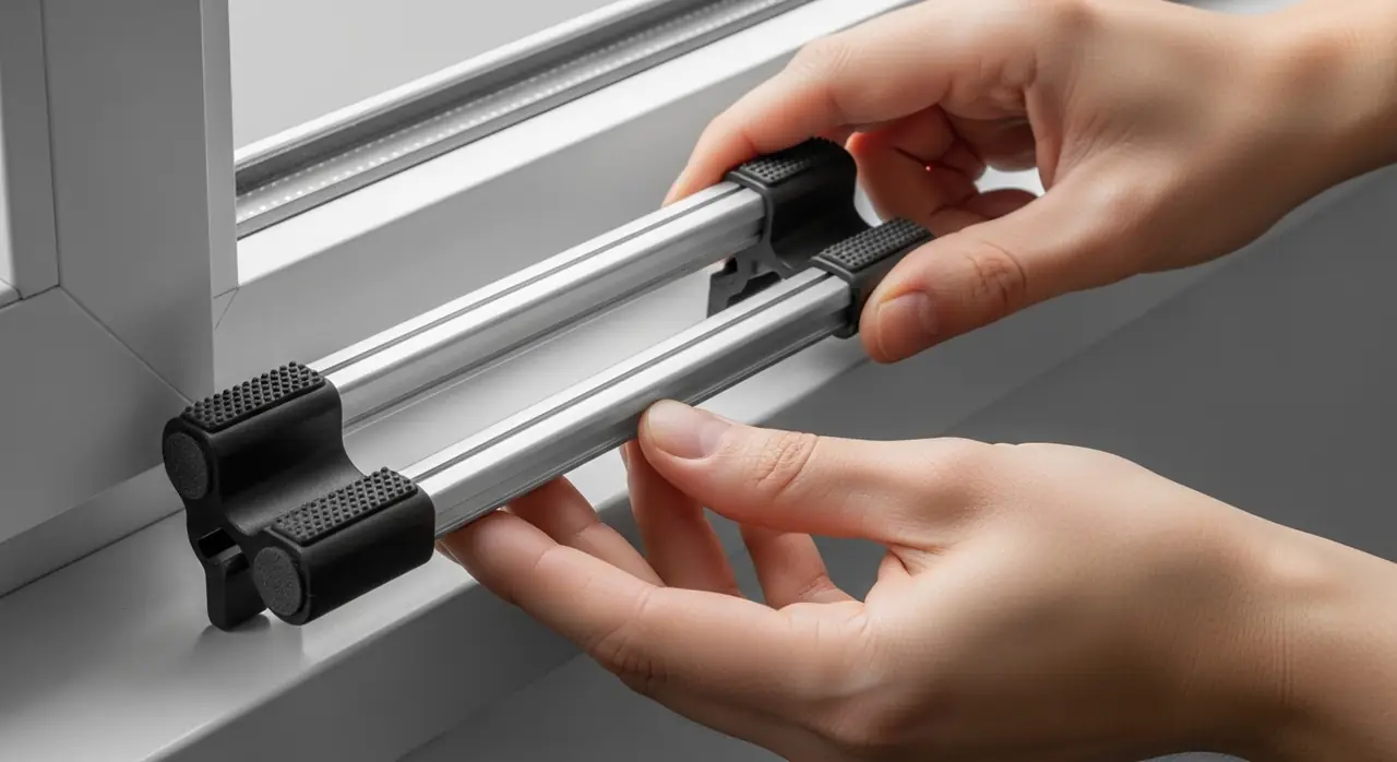 Hands adjust a dual-rail sliding track on a window frame with black clamp ends.