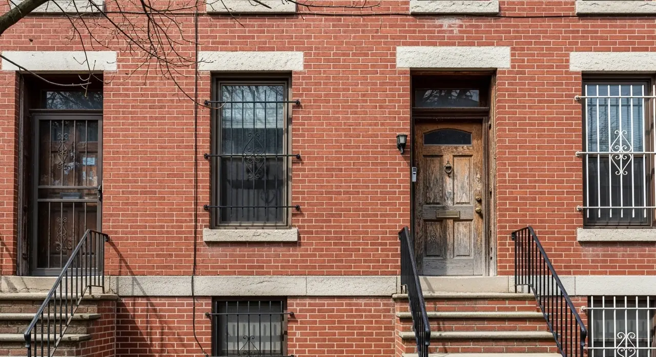 rowhouse facade brick stoop jpeg — residential setting