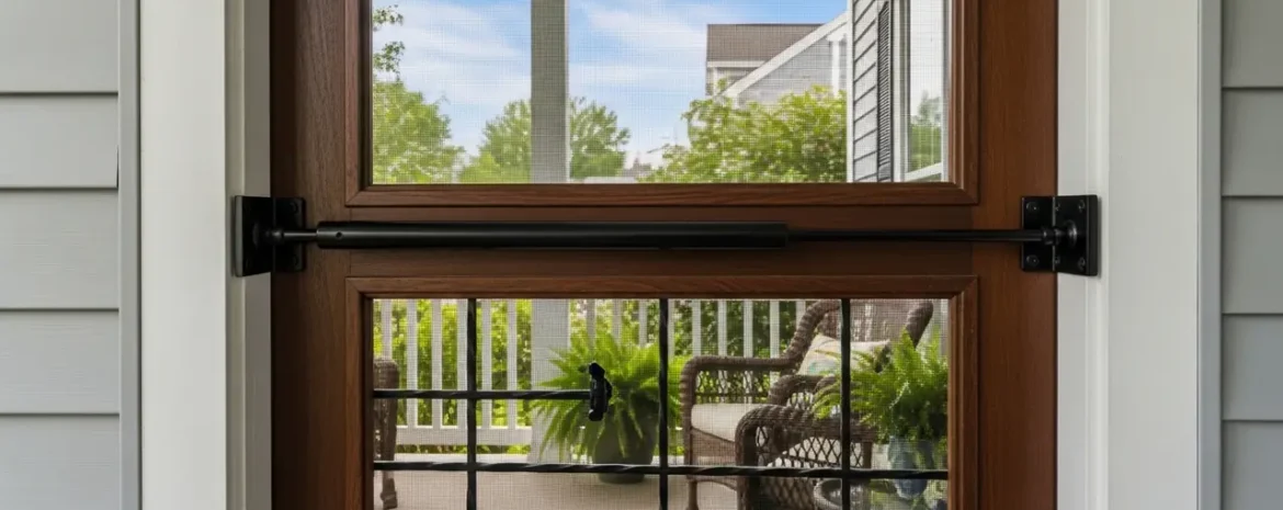 Wooden-framed screen door with a horizontal security bar across, opening to a screened porch with outdoor furniture and greenery beyond.