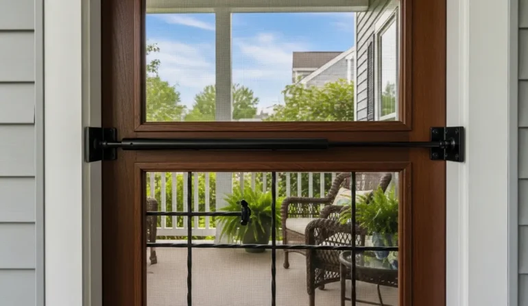 Wooden-framed screen door with a horizontal security bar across, opening to a screened porch with outdoor furniture and greenery beyond.