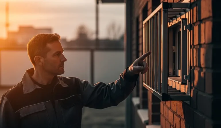 Man in a dark work jacket points at a metal vent on a brick wall during sunset.