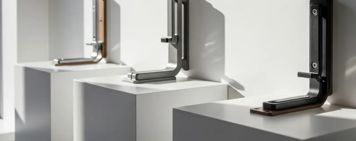 Three modern door handles mounted on white display pedestals in a showroom, showcasing sleek metal finishes and mounting plates.