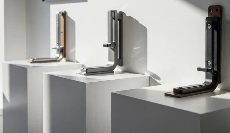 Three modern door handles mounted on white display pedestals in a showroom, showcasing sleek metal finishes and mounting plates.