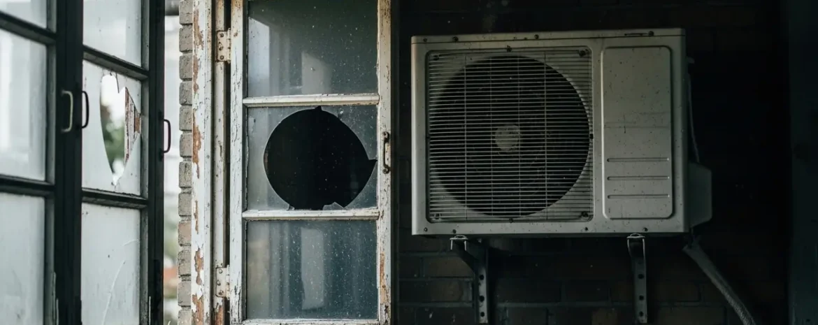 Dilapidated room with a broken window beside a wall-mounted air conditioner on a brick wall.