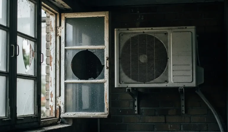 Dilapidated room with a broken window beside a wall-mounted air conditioner on a brick wall.